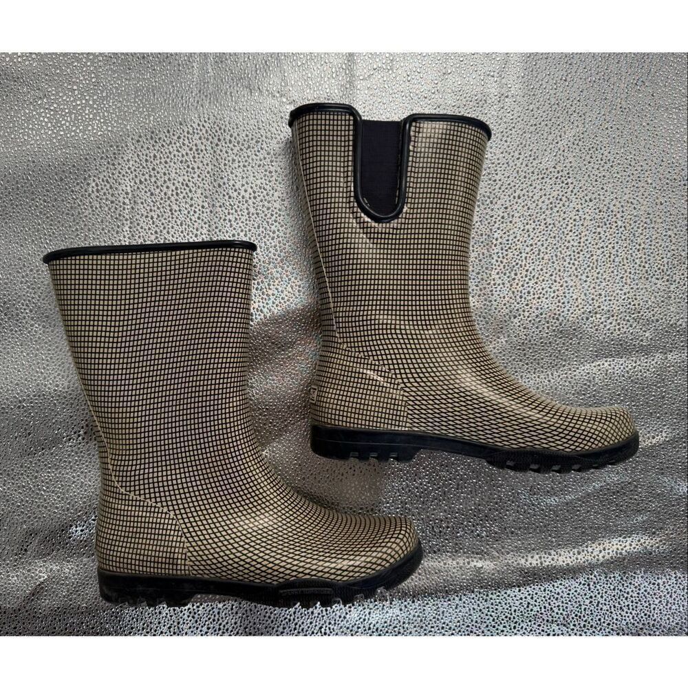 Sperry Women’s Rain Boots Tiny Tweed Pattern Tan Navy size 8